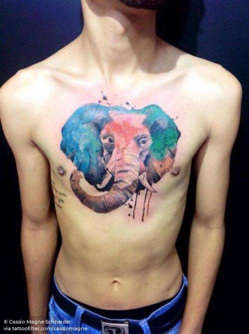 By Cassio Magne Schneider, done at La Puta Madre Tattoo,... elephant;good luck;cassiomagne;big;animal;chest;watercolor;facebook;twitter;other