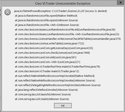 Cleo VLTrader config license error filenotfound