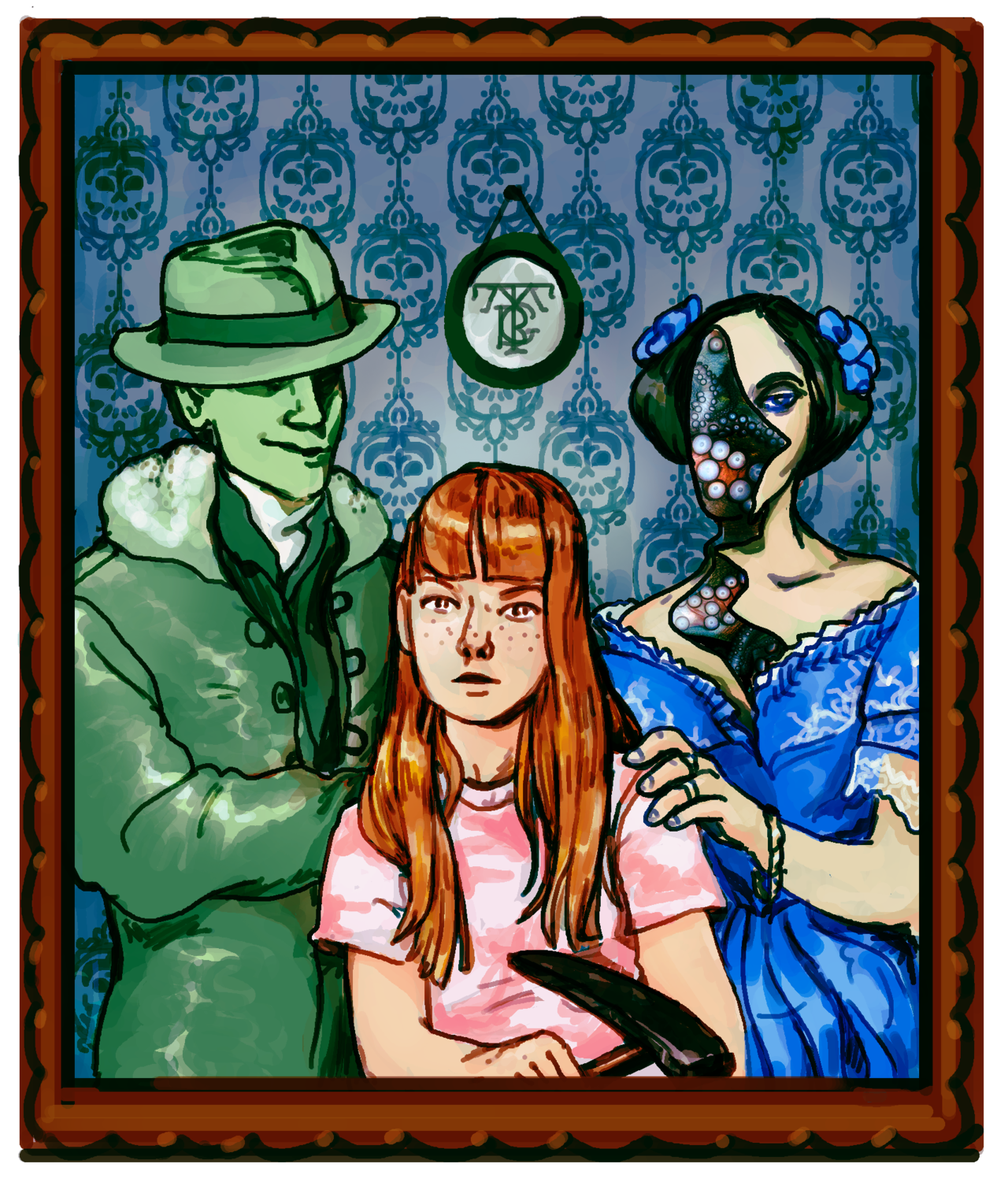 The man from the Flood cover, the woman from the Nanobots, and the girl from John Henry pose as if for a family photo.