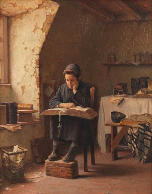 Alois Heinrich Priechenfried (1867-1953) - A Yeshiva boy reading, oil on panel, 45,5 x 36 cm.