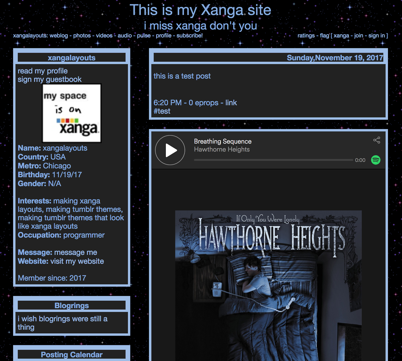 introducing xangalayouts.XANGALAYOUTS is a new tumblr theme that turns your tumblr into a 2006-era xanga site, complete with classic xanga header/footer links and many customization options.
Options:
• Site title/subtitle
• Header Image/Background...