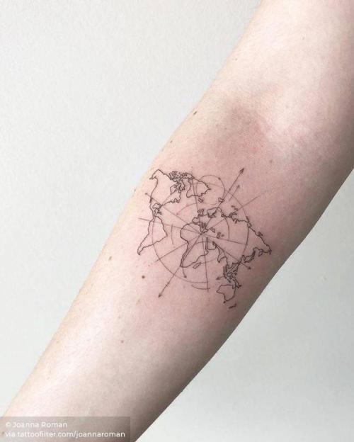By Joanna Roman, done at Chronic Ink Tattoos, Toronto.... small;nautical;line art;joannaroman;tiny;world map;travel;compass rose;map;ifttt;little;inner forearm;medium size;fine line