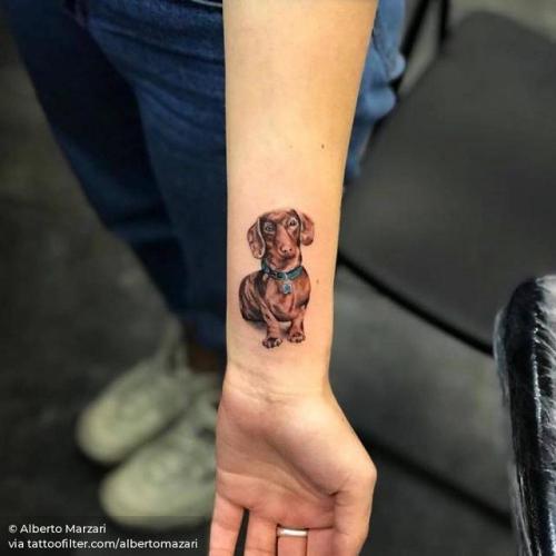 Tattoo tagged with: small, pet, dog, albertomazari, animal, tiny, ifttt,  little, realistic, wrist, dachshund 
