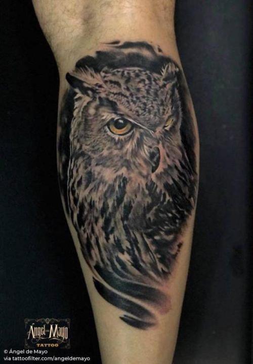 Tattoo tagged with: angeldemayo, calf, owl, big, animal, bird, facebook,  realistic, twitter 