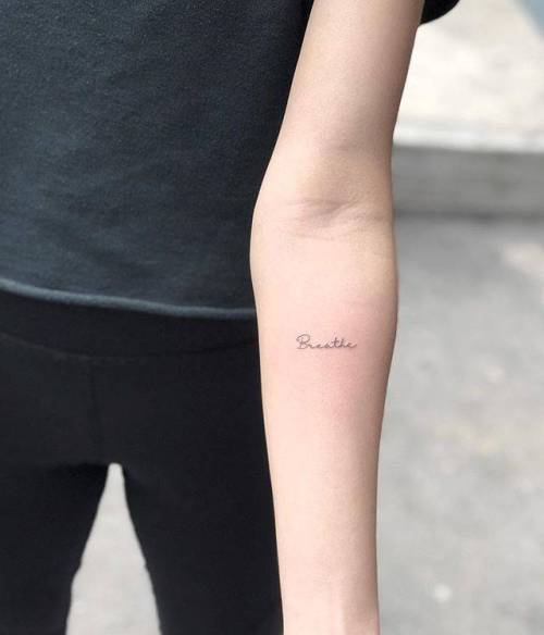 By MJ, done at West 4 Tattoo, Manhattan. http://ttoo.co/p/85773 breathe;mj;small;micro;line art;languages;tiny;ifttt;little;english;minimalist;inner forearm;english word;word;fine line