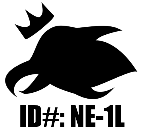 An image showing a emblem of a raven's head wearing a crown. Underneath the decal, are the words ID#:NE-1L.