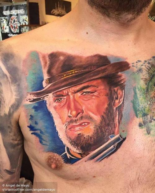 By Ángel de Mayo, done at Ángel de Mayo Tattoo, Alcalá de... angeldemayo;film and book;clint eastwood;patriotic;the good  the bad and the ugly;big;chest;united states of america;character;facebook;realistic;twitter;portrait