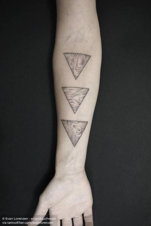 By Evan Lorenzen - artandsuchevan, done at All Sacred Tattoo... evanlorenzen;geometric shape;wood grain;triangle;hand poked;facebook;nature;twitter;inner forearm;medium size