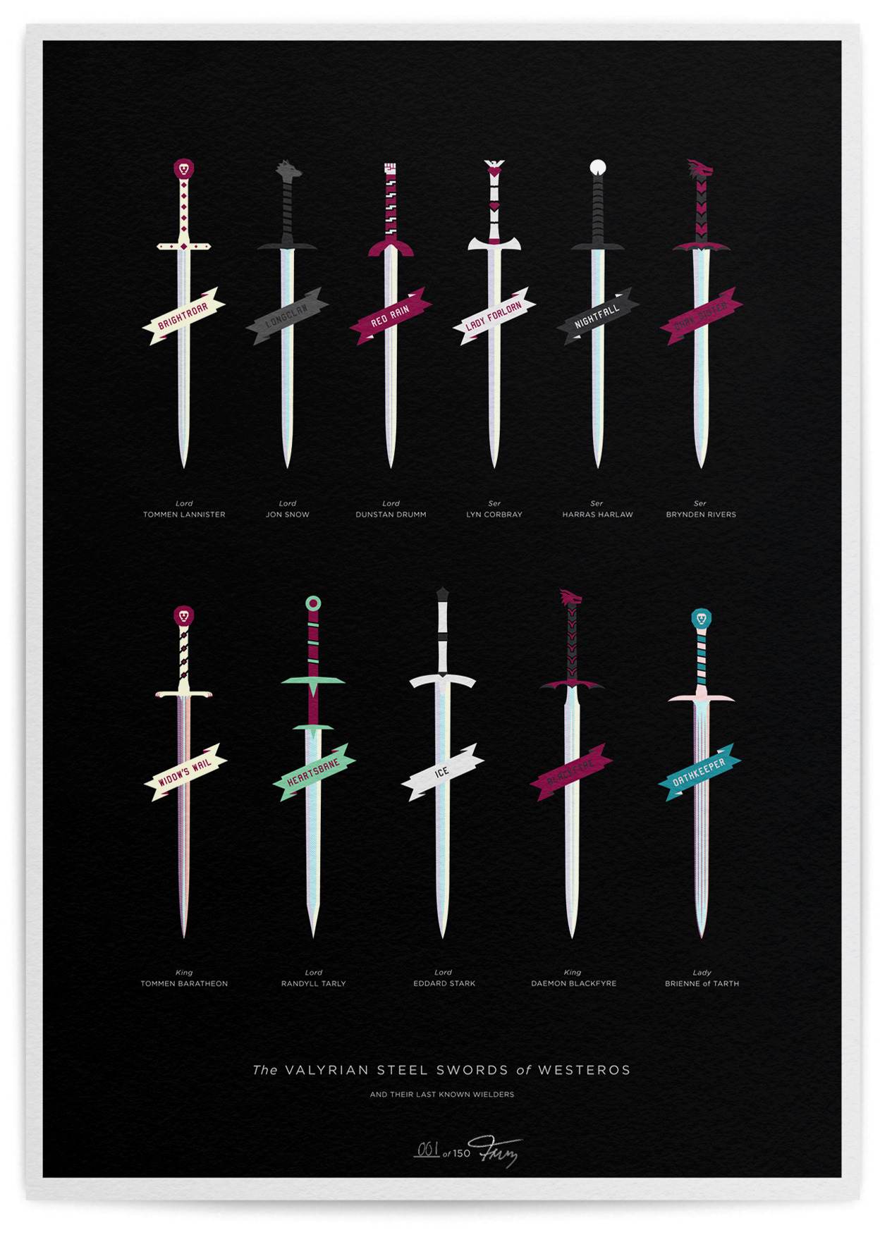 The Valyrian Steel Swords of Westeros - giclée / screen print 16.5” x 23.4” giclée archival pigment inks print with silkscreen varnish, on Hahnemühle German Etching 310gsm paper Hand-numbered edition of 150 Available now from my Shop Inspired by the...