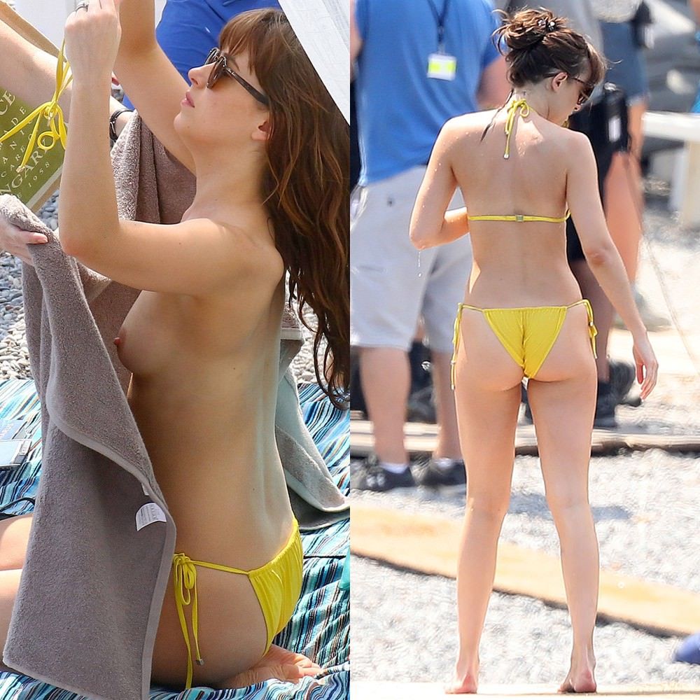 Dakota in and out of the yellow bikini.