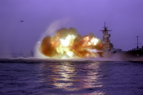 bmashine:American battleship USS Iowa (BB 61) during firing main...