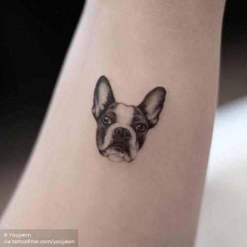 By Youyeon, done at Studio by Sol, Seoul.... youyeon;small;dog;patriotic;single needle;micro;animal;france;tiny;french bulldog;ifttt;little;portrait;inner forearm;pet