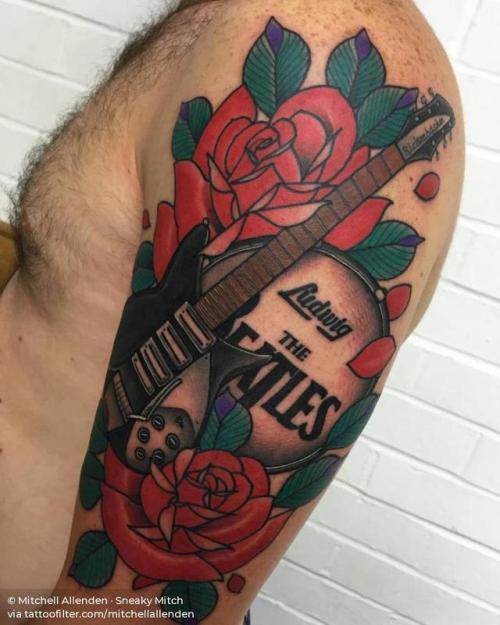 By Mitchell Allenden · Sneaky Mitch, done at Dock Street... music;drum;patriotic;big;guitar;facebook;mitchellallenden;music band;twitter;music instrument;england;the beatles;neotraditional;upper arm