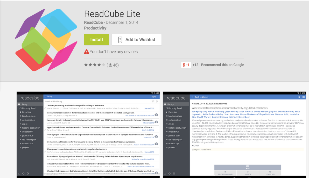 ReadCube Lite for Android now available via Google Play  ReadCube Lite on your Android device is the perfect companion to the free ReadCube desktop app, enabling you to access your papers anywhere – read on the go, organize your library and more. The...