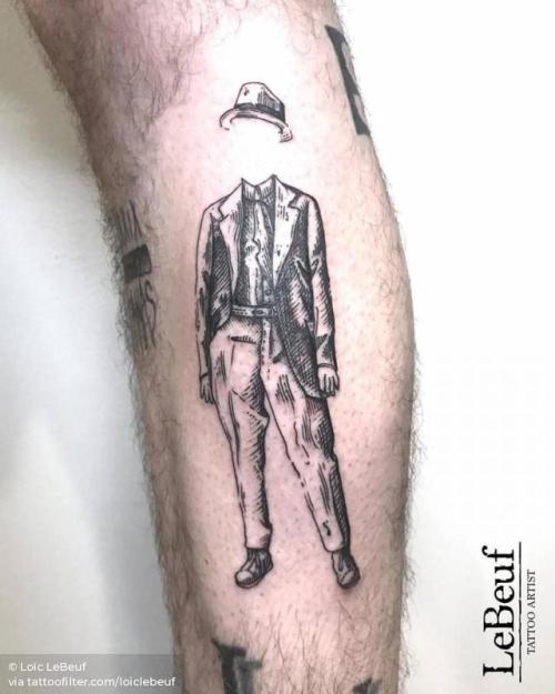 By Loïc LeBeuf, done at Popular Tattoo Club, Lille.... surrealist;calf;fictional character;loiclebeuf;big;facebook;blackwork;twitter;invisible man;engraving