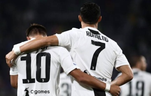 team-dybala:Paulo celebrating his goal with Ronaldo