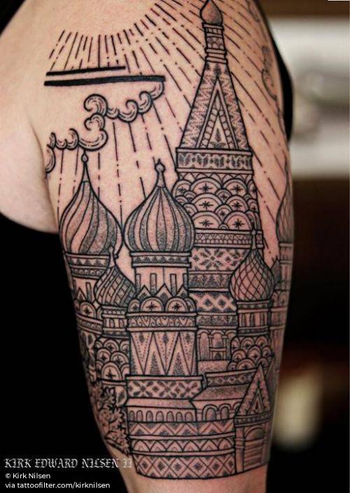 By Kirk Nilsen, done in Point Pleasant. http://ttoo.co/p/34824 architecture;big;blackwork;church;dotwork;facebook;kirknilsen;line art;location;moscow;patriotic;religious;russia;saint basil s cathedral;twitter;upper arm