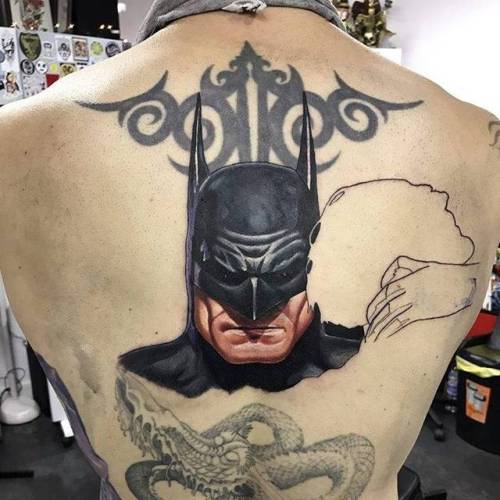 By Alex Rattray, done at Red Hot and Blue Tattoo, Edinburgh.... film and book;dc comics;fictional character;big;back;cover ups;batman;batman character;facebook;realistic;twitter;alexrattray;dc comics character;portrait