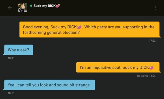 Me: Good evening, Suck my DICK?. Which party are you supporting in the forthcoming general election?
Suck my DICK?: Why u ask?
Me: I'm an inquisitive soul, Suck my DICK?.
Suck my DICK?: Yea I can tell you look and sound bit strange