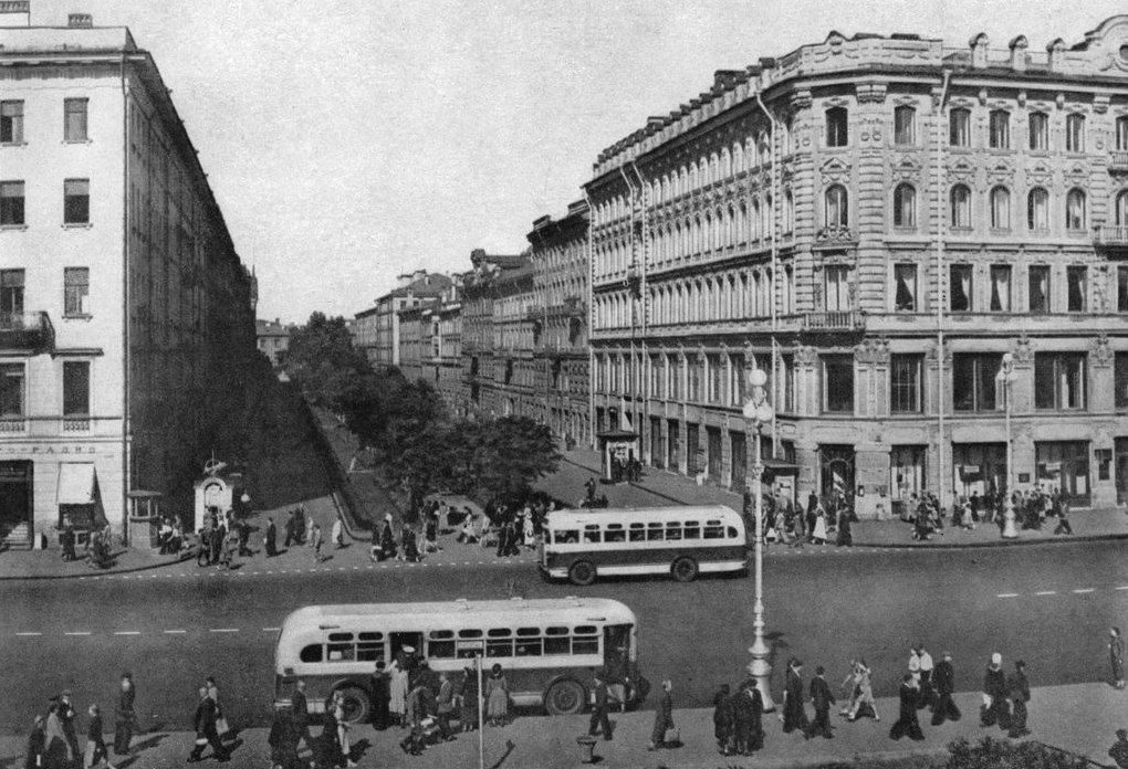 View of Sofya Perovskaya street (current/historic name Malaya Konyushennaya) in Leningrad (St Petersburg), 1953