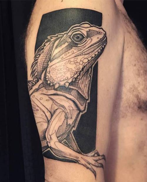 By L'oiseau · Franck Soler, done at Faubourg Tattoo Club,... chinese water dragon;sketch work;reptile;big;animal;facebook;twitter;loiseau;upper arm