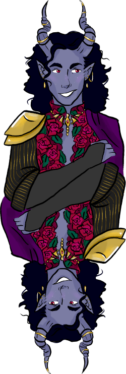 a portrait posed playing-card style; Luca is a tiefling with slate blue skin and horns which sweep back off his forehead in a lightning bolt shape. He has wavy black hair and red eyes, and is smiling crookedly. He is dressed ostentatiously, with a high-collared, open-chested rose-patterned shirt, black and gold pinstriped sleeves, a golden pauldron, and a purple cloak.