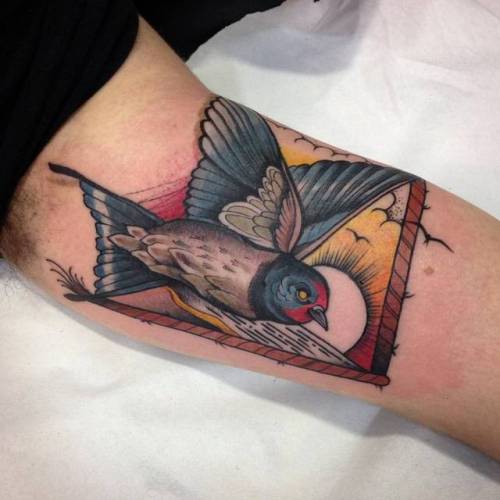 By Shio, done at Blessed Tattoo, Zaragoza.... shio;nautical;inner arm;animal;swallow;bird;travel;facebook;twitter;medium size;neotraditional