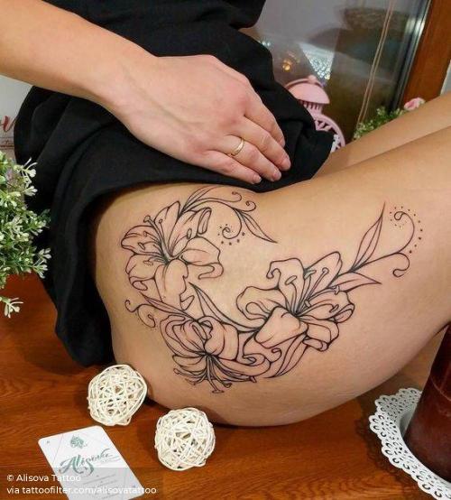 By Alisova Tattoo, done in Moscow. http://ttoo.co/p/29364 alisovatattoo;big;facebook;flower;lily;line art;nature;thigh;twitter