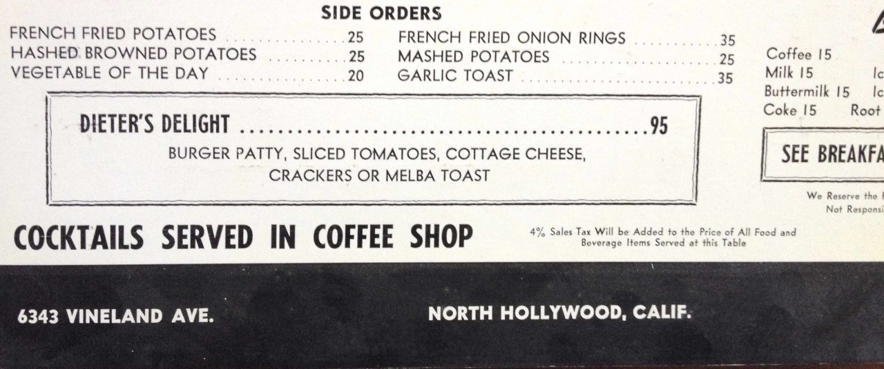 This version comes from a 1947 menu for Tommy’s Coffee Shop but it was a mid-century trend: the “Dieter’s Delight” or the “Weight Watcher” option. Gwinn’s offered the same thing but with a ring of pineapple on the patty and a Ry-krisp on the side. It...