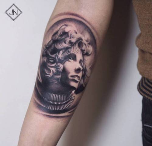 By Jefree Naderali, done at Tattoom Gallery, Istanbul.... black and grey;jefreenaderali;facebook;twitter;portrait;inner forearm;medium size
