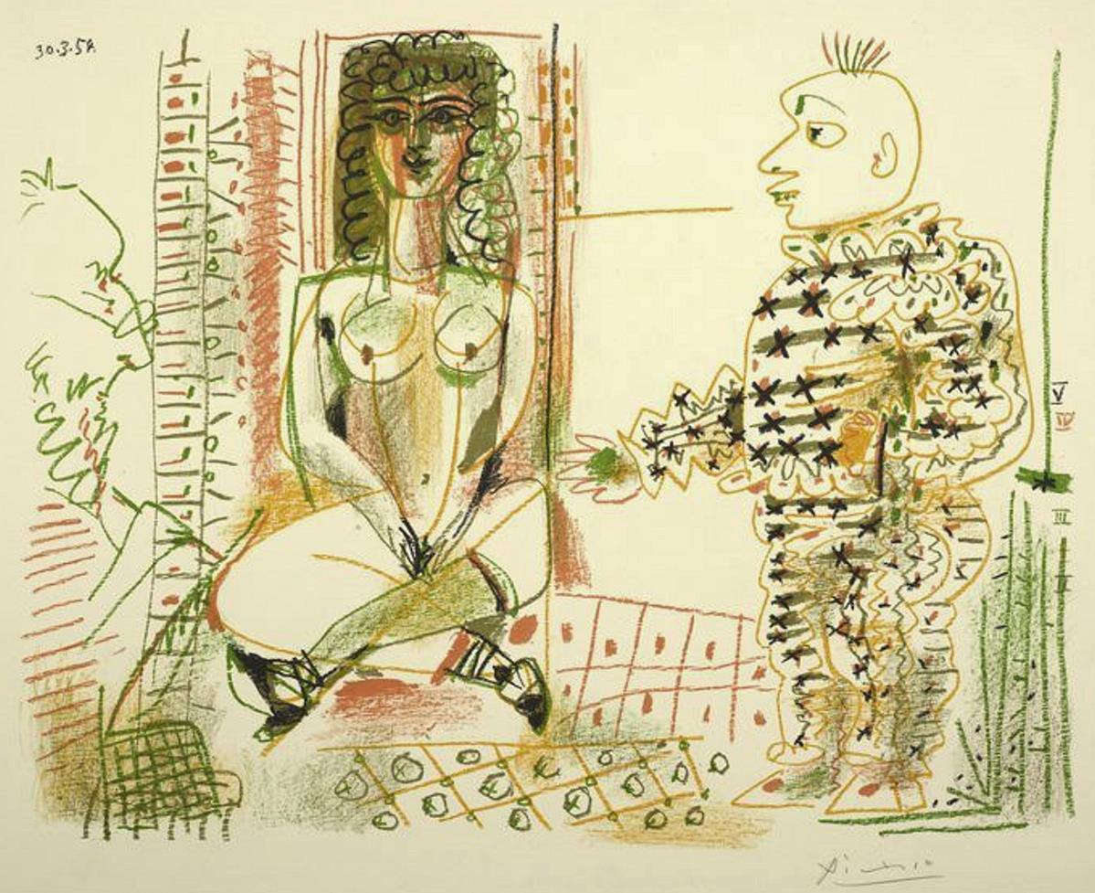 Pablo Picasso (Spanish, 1881-1973)
The Painter and His Model (March 1954)
Color lithograph on ivory wove paper, 50.5 x 64.5 cm.
The Art Institute of Chicago (Gift of the Print & Drawing Club)
