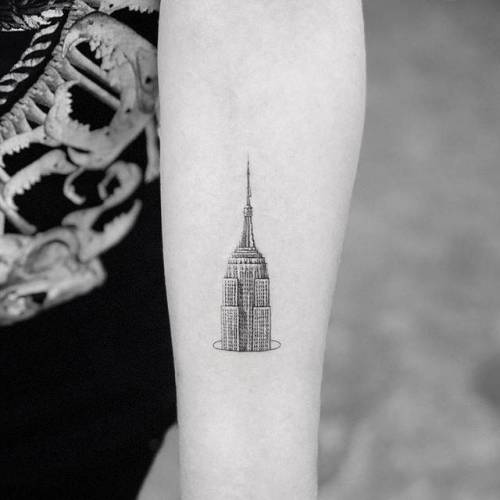 By Sanghyuk Ko · MR.K, done at Bang Bang Tattoo, Manhattan.... small;patriotic;single needle;empire state building;tiny;mrk;united states of america;ifttt;little;location;architecture;new york;inner forearm;other