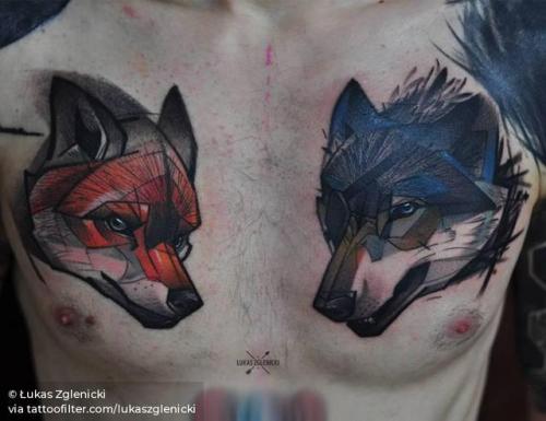 By Łukas Zglenicki, done at Cykada Tattoo, Sopot.... sketch work;fox;lukaszglenicki;big;animal;chest;facebook;twitter;wolf