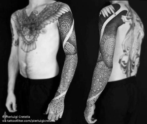 By Pierluigi Cretella, done at Meatshop Tattoo, Barcelona.... pierluigicretella;line art;dotwork;big;of sacred geometry shapes;mandala;henna;facebook;blackwork;twitter;sacred geometry;sleeve