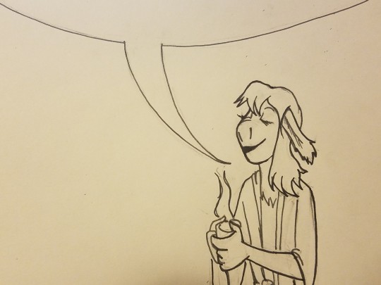 Black on off-white line drawing of a contemplative Caduceus holding tea. An word bubble implies it circles the text above it.