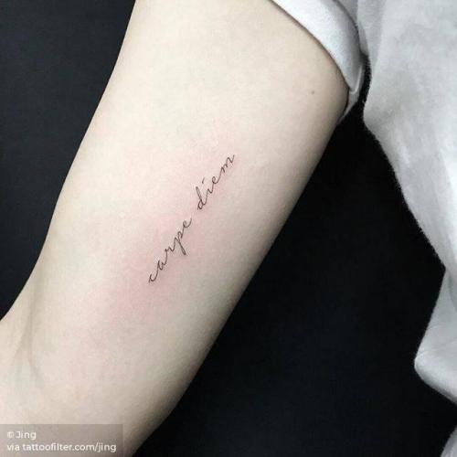 By Jing, done at Jing’s Tattoo, Queens.... jing;small;latin;single needle;carpe diem;line art;inner arm;languages;horace quotes;tiny;quotes by authors;ifttt;little;latin tattoo quotes;quotes;fine line