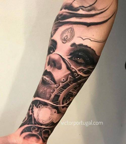 By Victor Portugal, done at Victor Portugal Tattoo Studio,... black and grey;surrealist;big;victorportugal;women;facebook;twitter;portrait;inner forearm;other