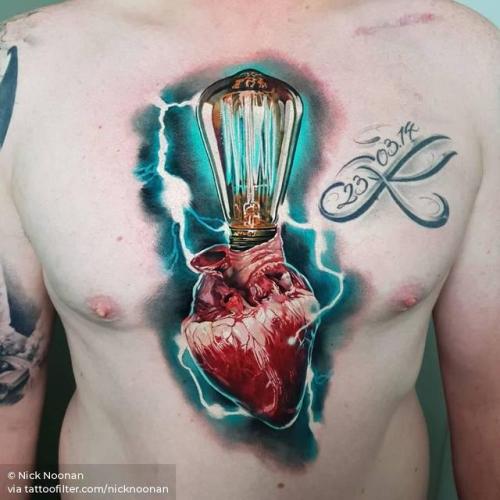 By Nick Noonan, done at Left Hand Path Tattoos, Christchurch.... surrealist;anatomy;lighting;heart;big;chest;sternum;love;facebook;nature;realistic;twitter;light bulb;lightning bolt;anatomical heart;other;nicknoonan