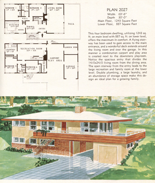 vintagehomeplans:United States, 1958: Plan 2027A hip-roofed...