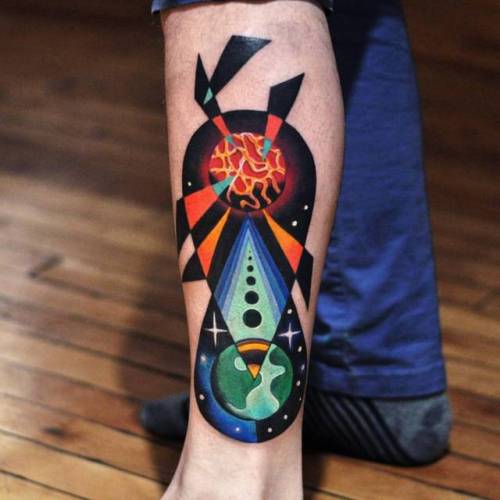 By David Côté, done at Imperial Tattoo Connexion, Montreal.... leg;surrealist;abstract;davidcote;astronomy;big;planet;contemporary;facebook;twitter;pop art;earth;comet