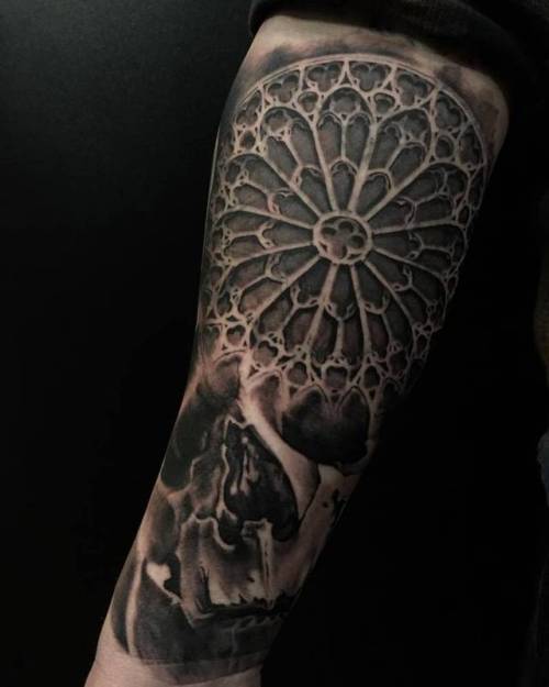 By Shay Bredimus, done at 6º Mondial du Tatouage 2016, Paris.... black and grey;skull;double exposure;anatomy;window;huge;facebook;twitter;architecture;experimental;sleeve;shaybredimus;other
