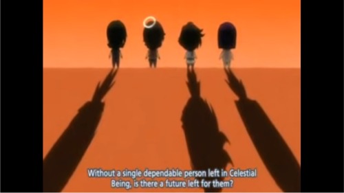 Screencap from the Gundam 00 Season 2 Promotional Video, featuring chibi versions of the season 1 Gundam Meisters silhouetted against an orange horizon. Neil is wearing a halo and casts no shadow.