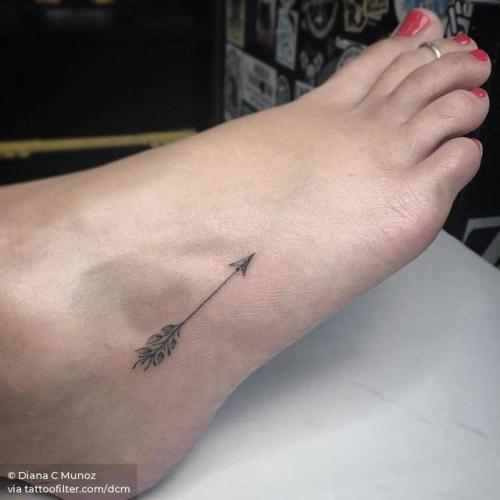 By Diana C Munoz, done at Shamrock Social Club, West Hollywood.... single needle;micro;foot;arrow;dcm;native american;facebook;twitter;minimalist;weapon