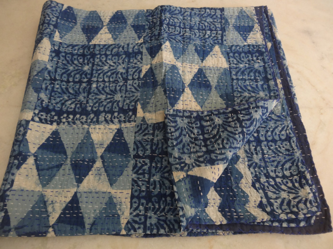 Indigo Hand Block Print Kantha Quilt Cotton Patchwork Bedspread Ralli Queen Size