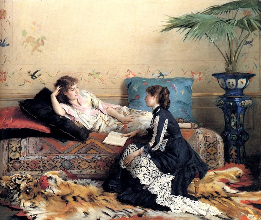 Idle Moments. Gustave Léonhard de Jonghe (Belgian, 1829-1893). Oil on panel.
Specializing in portraits, historical genre and family scenes, De Jongue presented often at the Salon, featuring bourgeois families in luxury interiors. Throughout his...