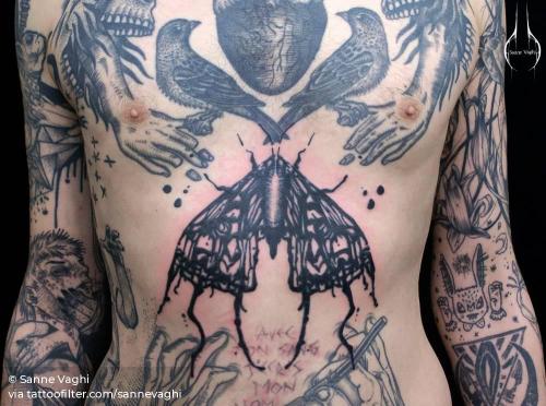 By Sanne Vaghi, done in Berlin. http://ttoo.co/p/32322 abstract;animal;big;blackwork;facebook;insect;moth;sannevaghi;stomach;twitter;watercolor
