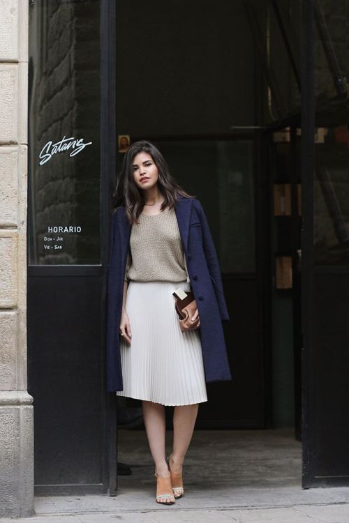  street style street fashion blue coat white skirt elegant style