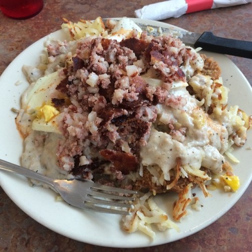 Perfect breakfast 11oz country fried steak hash browns eggs and...