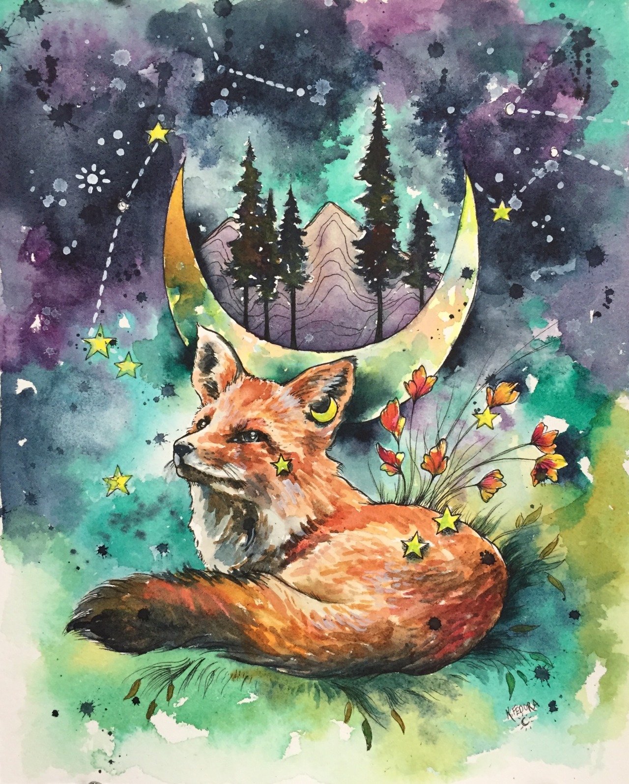 I paint a lot of foxes, usually with moons. No plans on stopping anytime soon. This piece will be in an art auction starting April 8th and goes to the 10 th! Find it at www.facebook.com/groups/artisticsoulsgalleryauctions