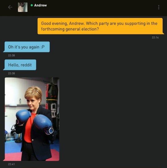 Me: Good evening, Andrew. Which party are you supporting in the forthcoming general election?
Andrew: Oh it's you again :P
Andrew: Hello, reddit
Andrew: [a photo of Nicola Sturgeon wearing boxing gloves]